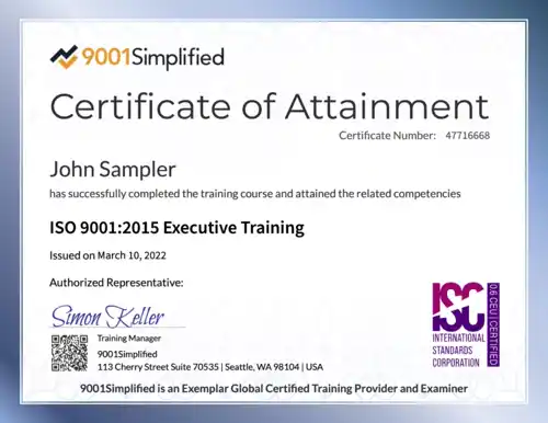 Certificate: ISO 9001:2015 Executive Training