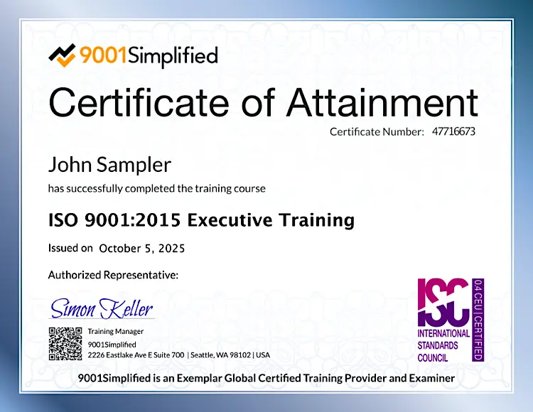 Certificate: ISO 9001:2015 Executive Training