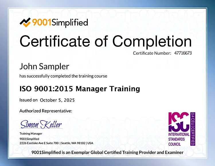 Certificate: ISO 9001:2015 Manager Training