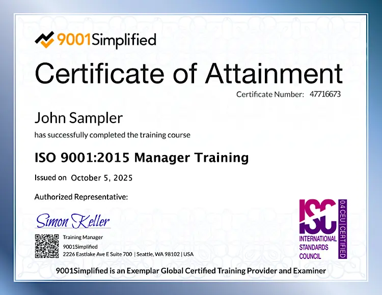Certificate: ISO 9001:2015 Manager Training