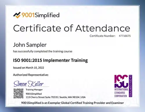Certificate: ISO 9001:2015 Implementer Training