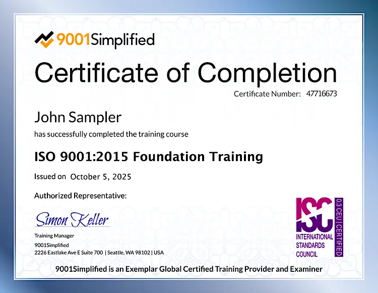 Certificate: ISO 9001:2015 Foundation Training