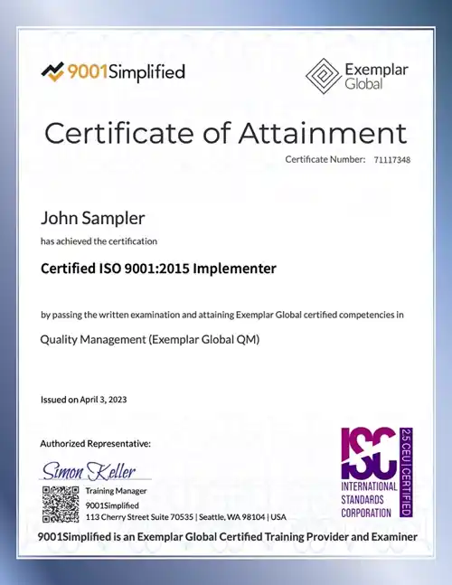 Certificate: ISO 9001:2015 Implementer Certification Training