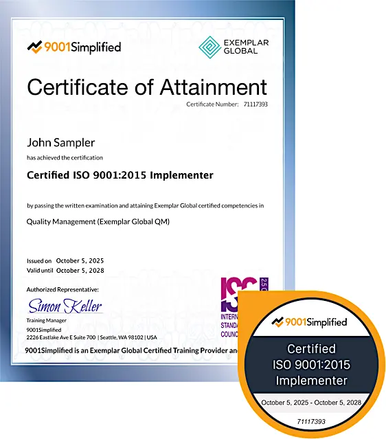 Certificate and Badge: ISO 9001:2015 Implementer Certification Training