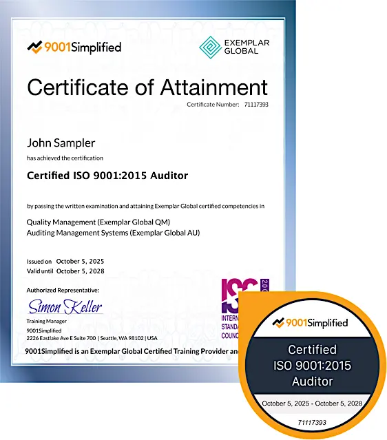 Certificate and Badge: ISO 9001:2015 Auditor Certification Training