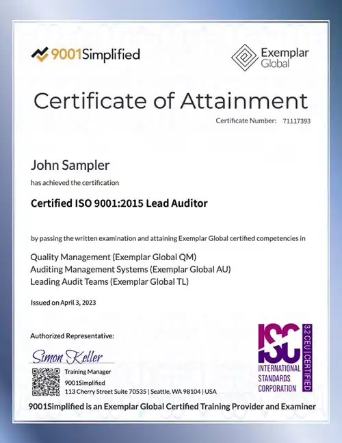 Certificate: ISO 9001:2015 Lead Auditor Certification Training