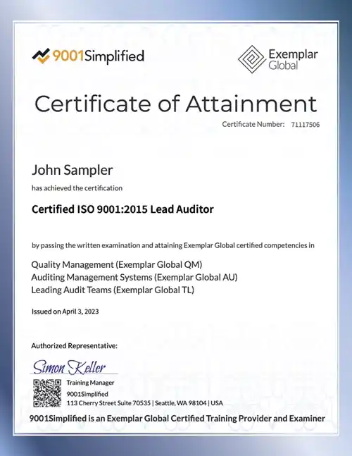 Certificate: ISO 9001:2015 Lead Auditor Exam