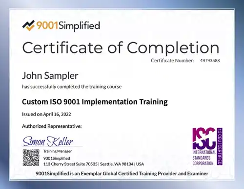 Certificate: Custom ISO 9001 Implementation Training
