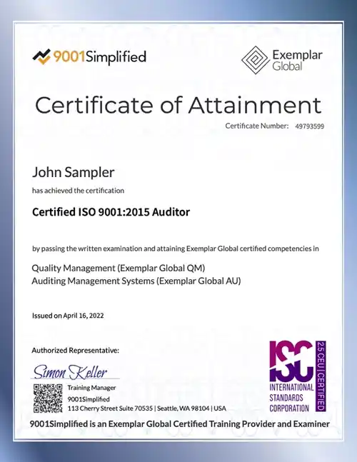 Certificate: Custom ISO 9001 Internal Auditor Training