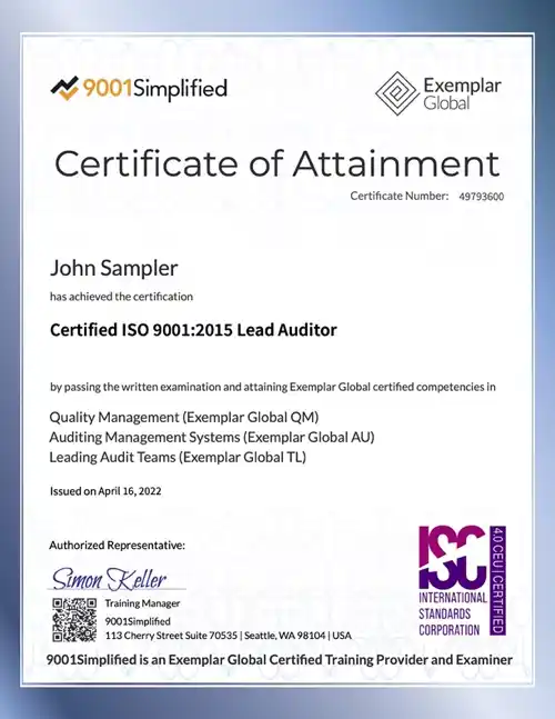Certificate: Custom ISO 9001 Lead Auditor Training