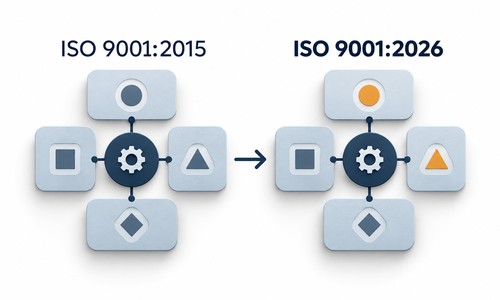 ISO 9001:2015 and ISO 9001:2026 process diagrams showing targeted QMS updates