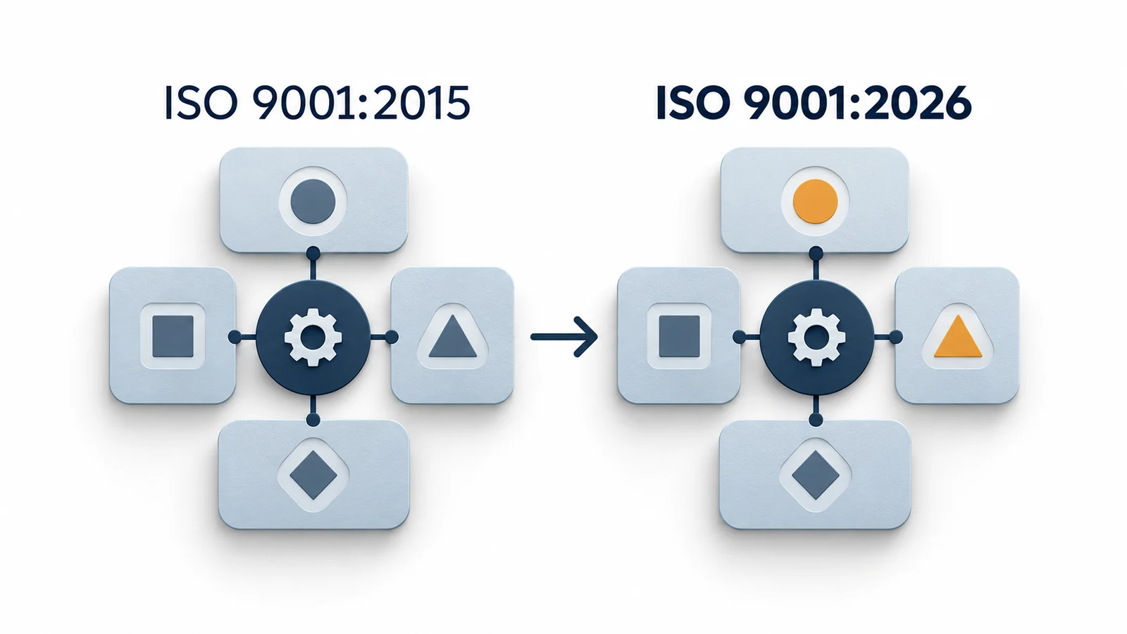 ISO 9001:2015 and ISO 9001:2026 process diagrams showing targeted updates to an existing quality management system